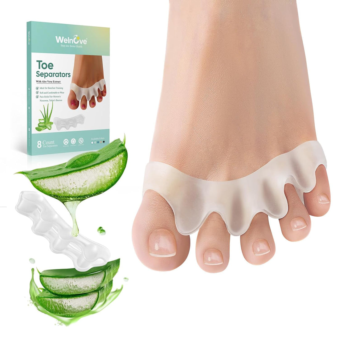 Toe Separators with Aloe Vera – 8 Pcs Foot & Toe Spacer | Soft Silicone Toe Corrector